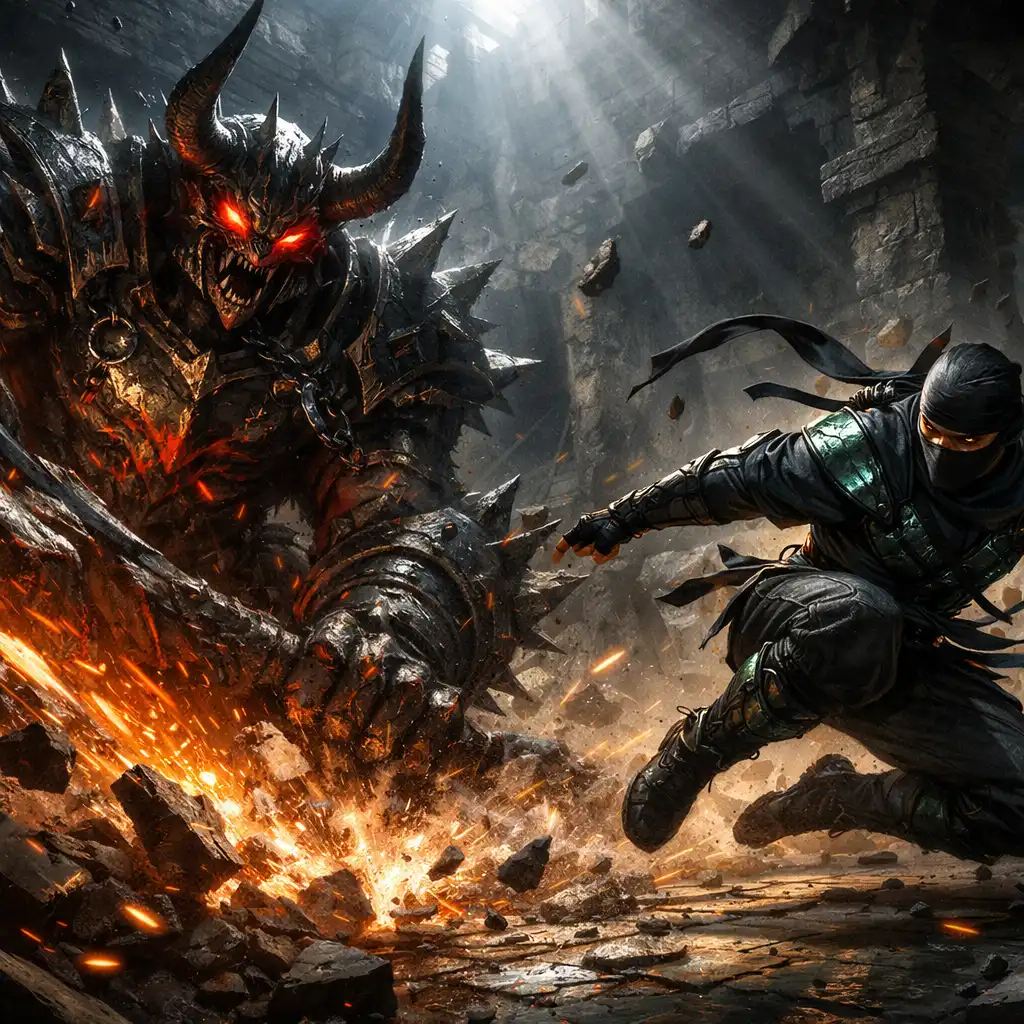 Epický souboj s obrovským démonickým bossem v temné pevnosti, ninja uhýbá masivnímu útoku
