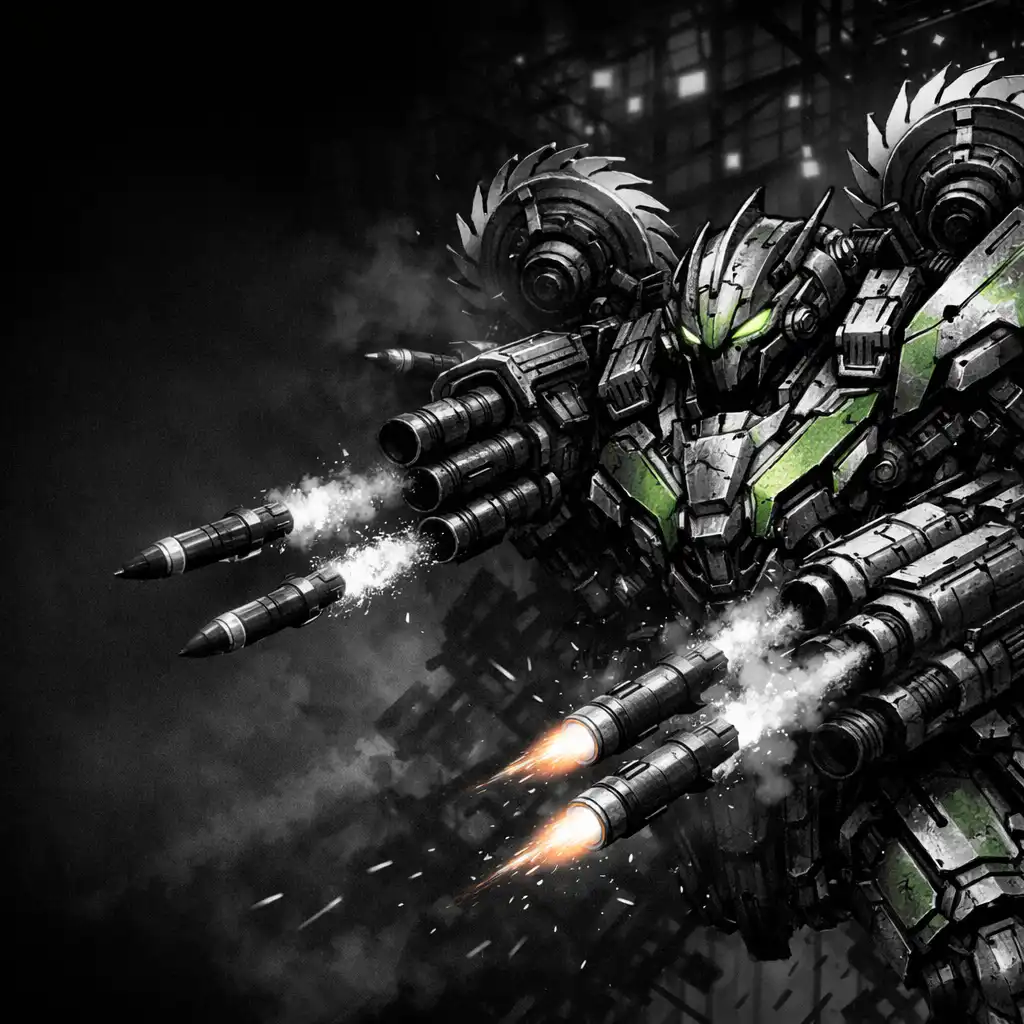 Mechový Strážce v detailu při raketovém salvu