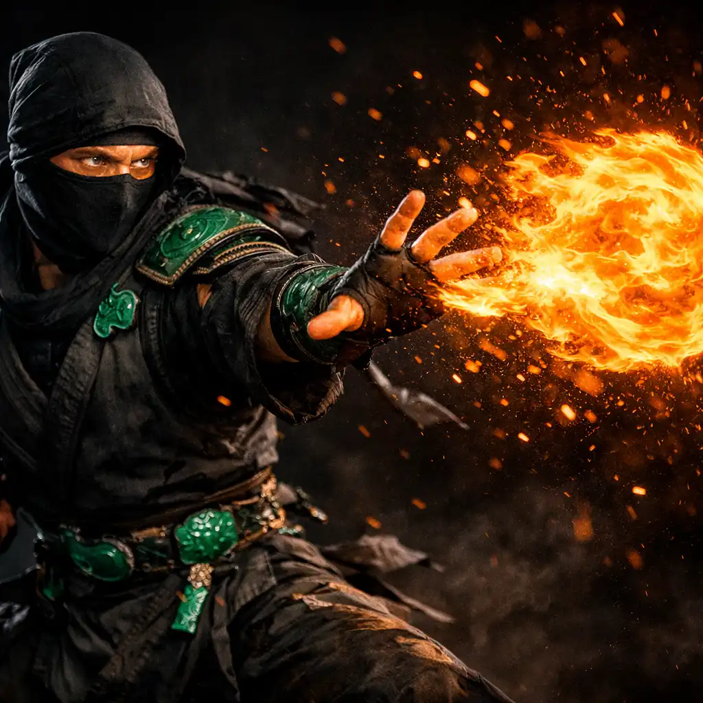 Ninja vrhá ohnivou kouli, plameny jasně oranžové s částicemi, osvětlují okolí