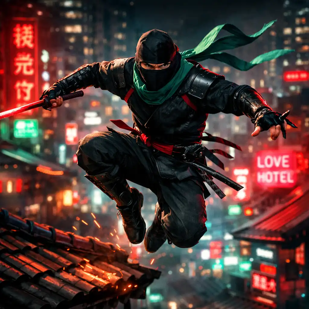 Ninja skáče mezi střechami nočního města, neonové nápisy v pozadí