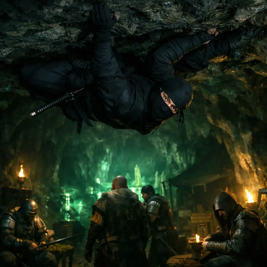 Ninja se plíží po stropě jeskyně, pod ním nic netušící nepřátelé