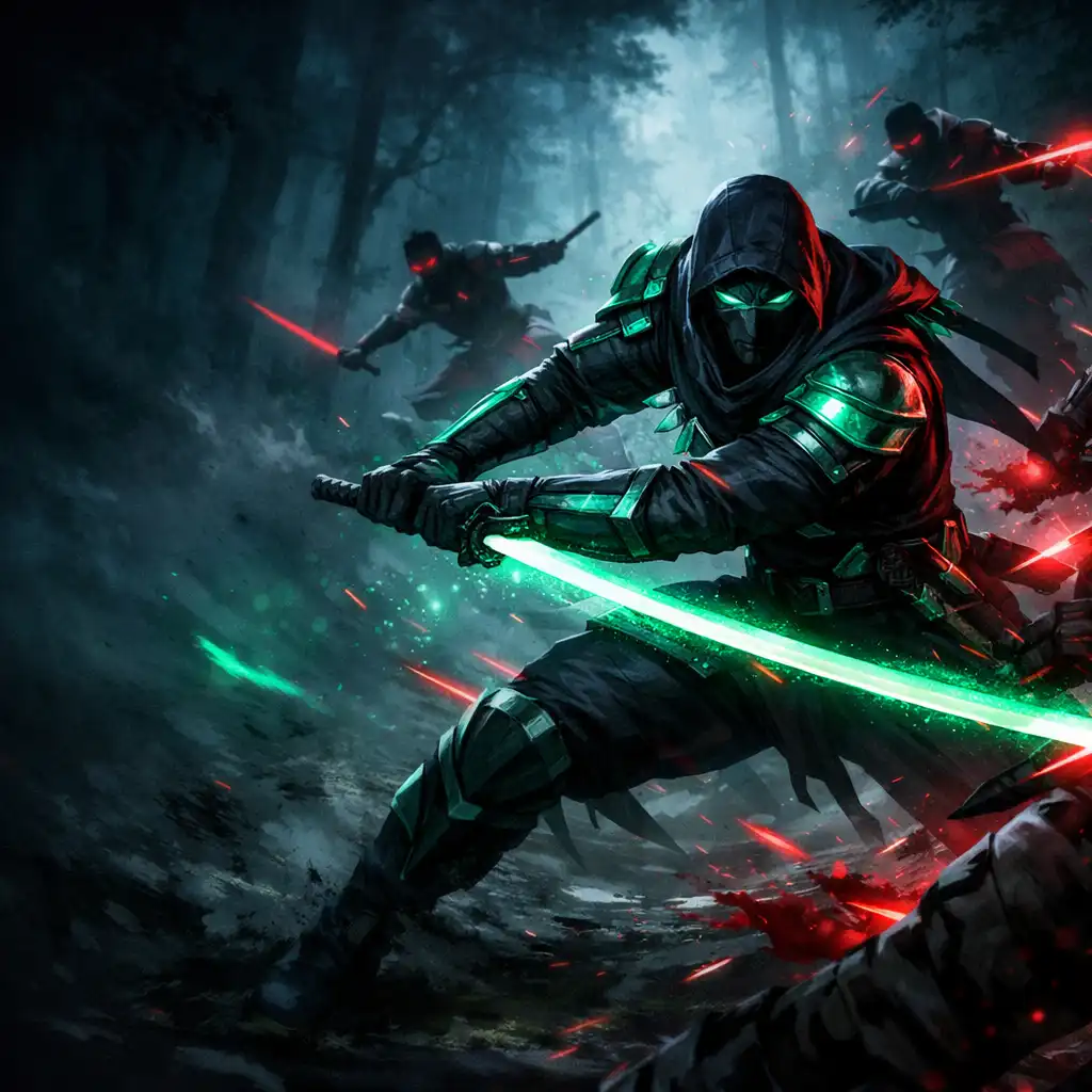 Ninja v tmavém obleku s jadeovými akcenty provádí rychlý úder mečem proti přesile nepřátel v temném lese