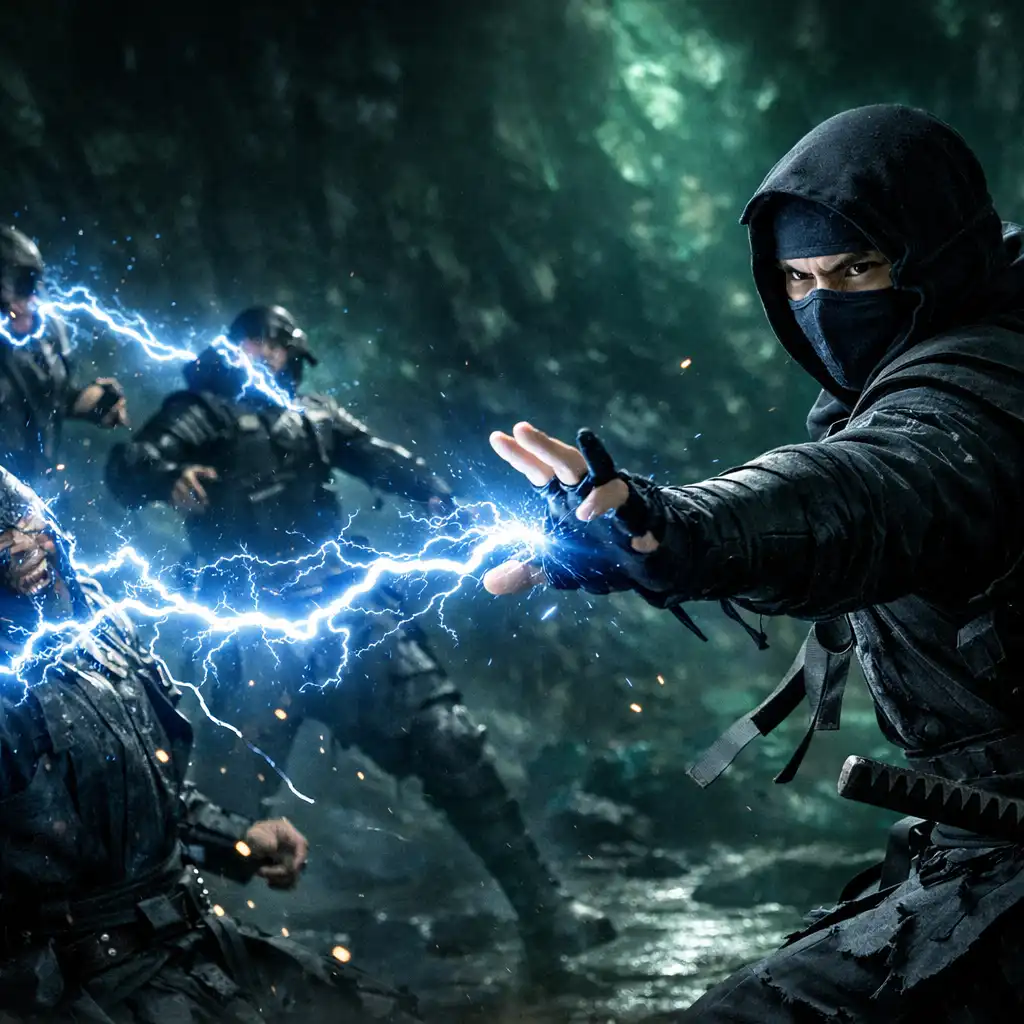 Ninja vypouští bleskový výboj z ruky, modré jiskry se řetězí mezi nepřáteli