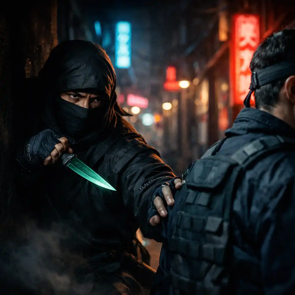 Ninja se vynořuje ze stínu za nic netušícím nepřítelem, připraven k tichému útoku dýkou